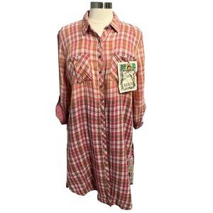 Aratta Silent Journey Button Up Top M Plaid Floral Embroidered Boho